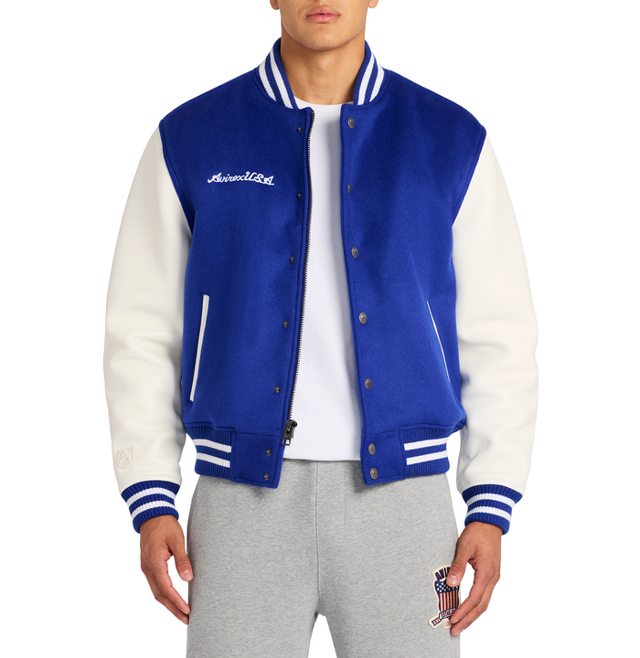 Avirex WOOL LEATHER VARSITY JACKET MAZARINE BLUE