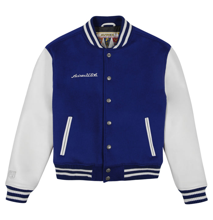 avirex WOOL LEATHER VARSITY JACKET MAZARINE BLUE
