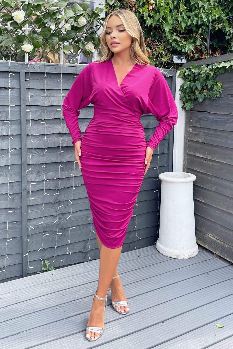 Ax Paris Berry Ruched Wrap Top Midi Dress