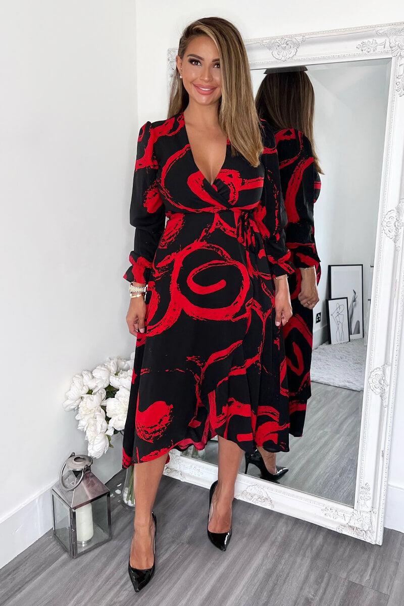 Ax Paris Black And Red Long Sleeve Wrap Midi Dress