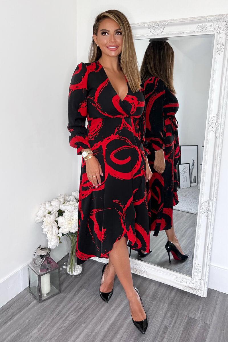 Ax Paris Black And Red Long Sleeve Wrap Midi Dress