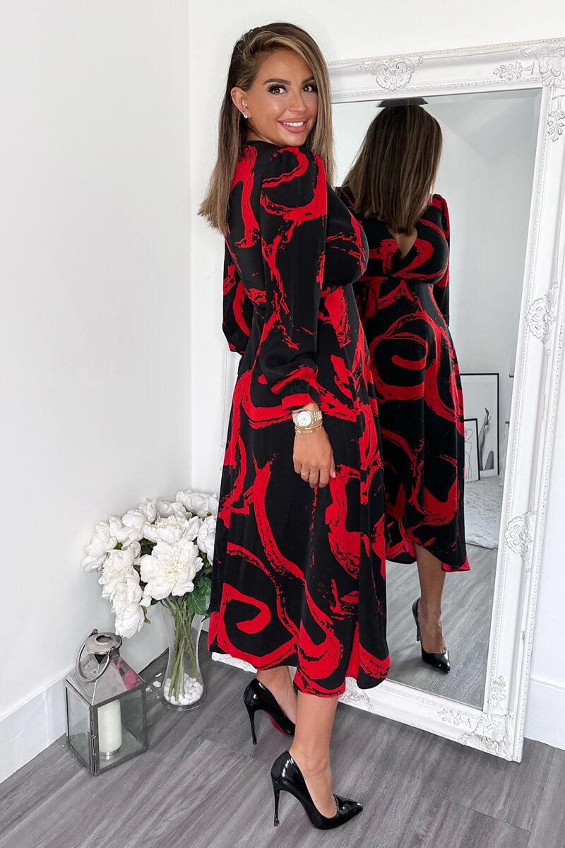 Ax Paris Black And Red Long Sleeve Wrap Midi Dress