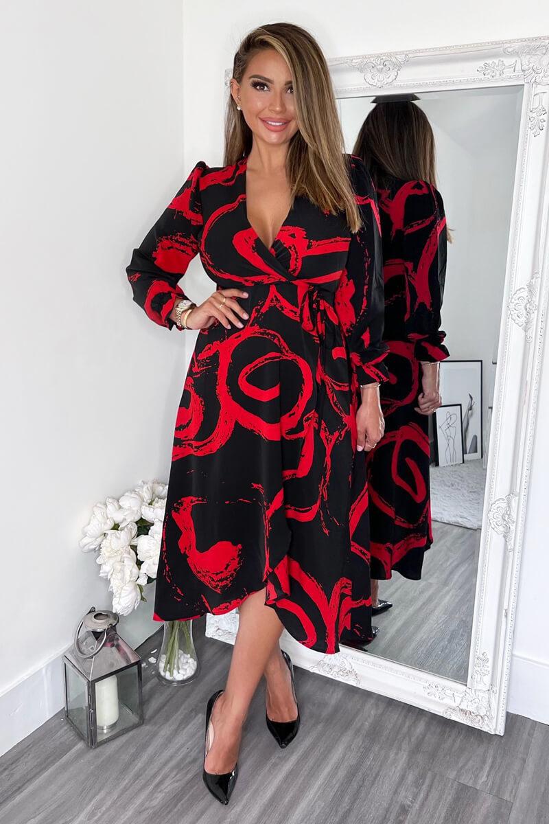 ax paris Black and Red Long Sleeve Wrap Midi Dress