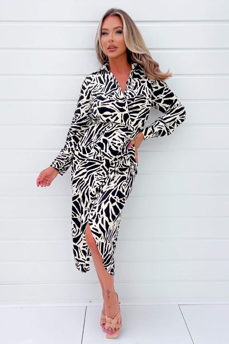 Ax Paris Black And Stone Printed Midi Wrap Dress