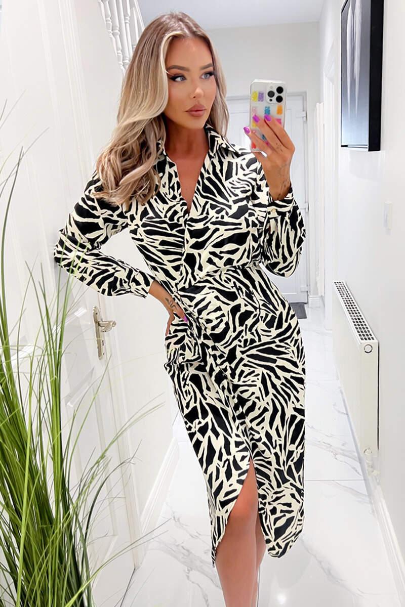 ax paris Black and Stone Printed Midi Wrap Dress