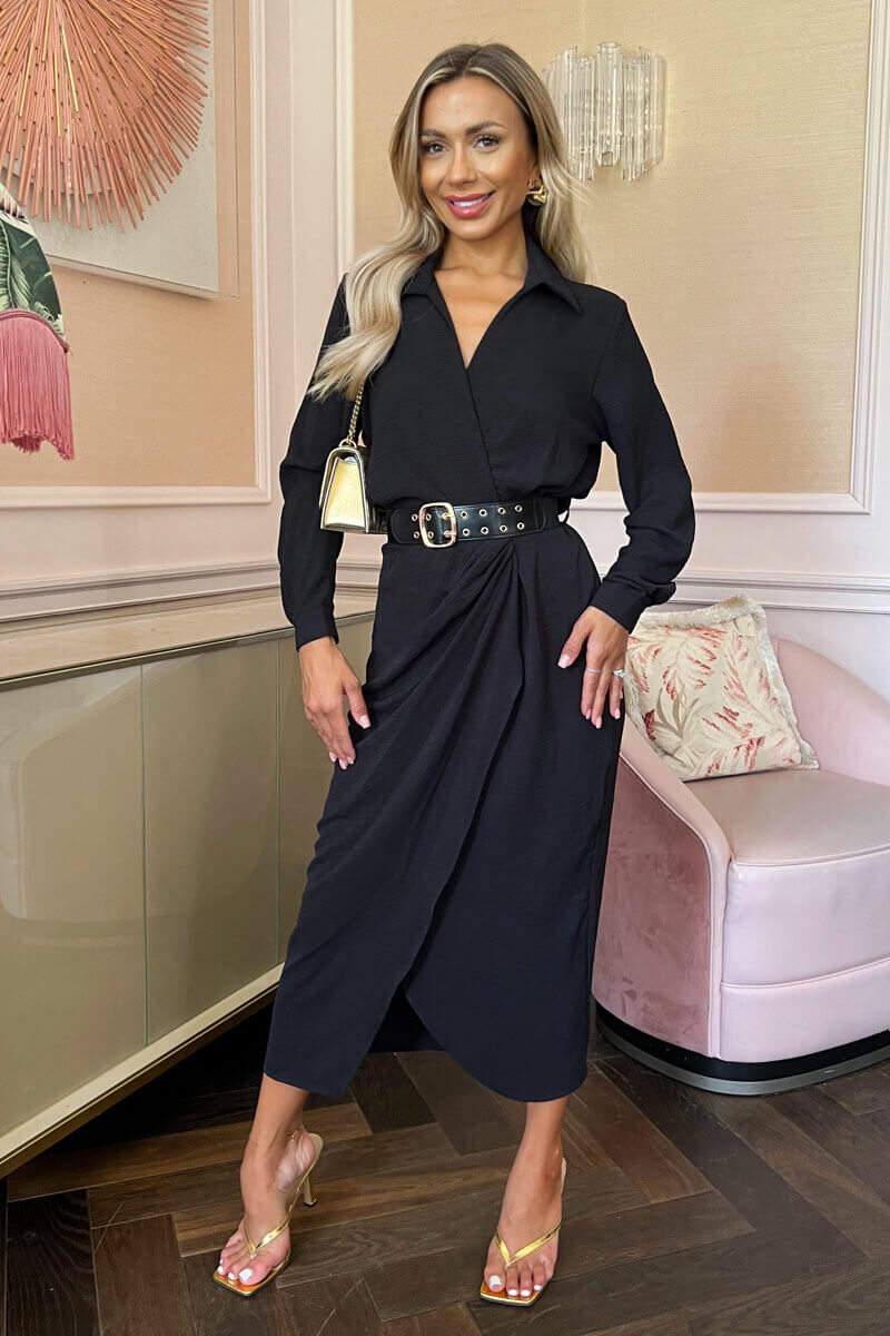 ax paris Black Belted Wrap Midi Shirt Dress
