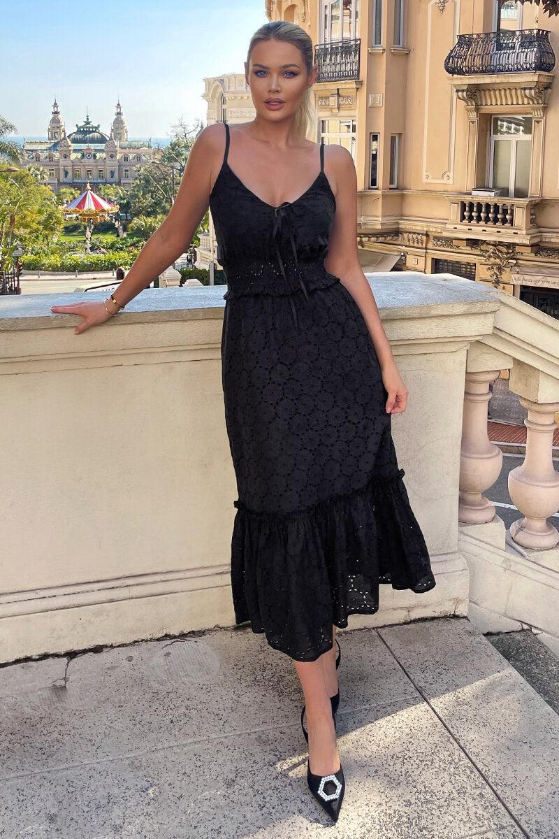 Ax Paris Black Broderie Frill Hem Midi Dress