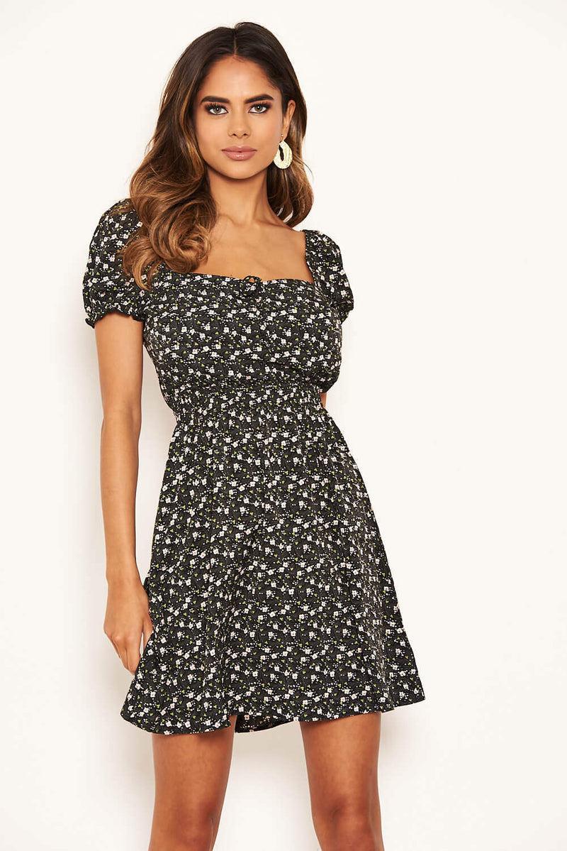 Ax Paris Black Ditsy Floral Puff Sleeve Day Dress