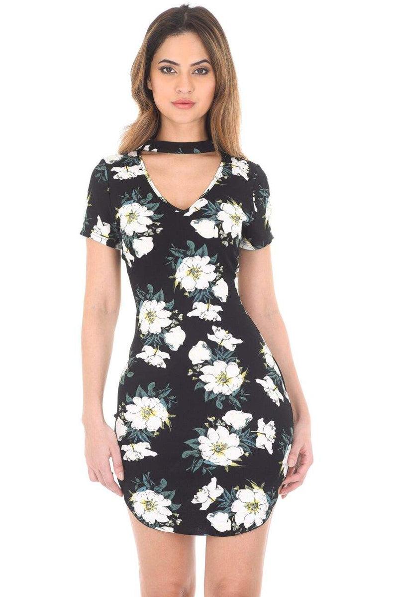 ax paris Black Floral Choker Mini Bodycon Dress