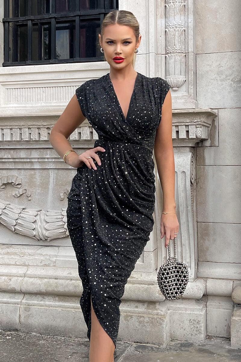 ax paris Black Glitter Wrap Draped Midi Dress