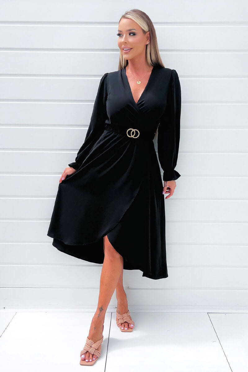 Ax Paris Black Long Sleeve Belted Midi Dress