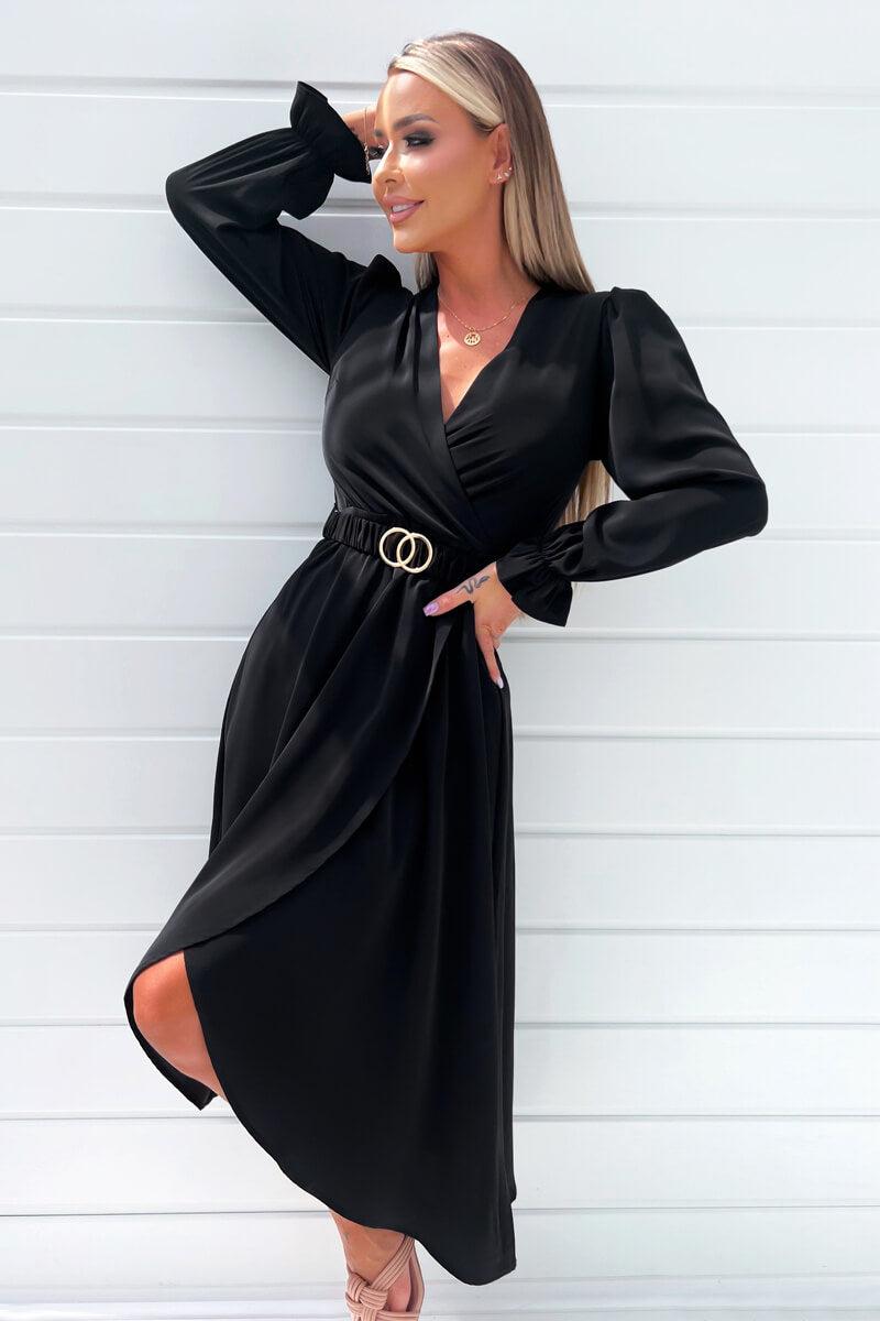 Ax Paris Black Long Sleeve Belted Midi Dress