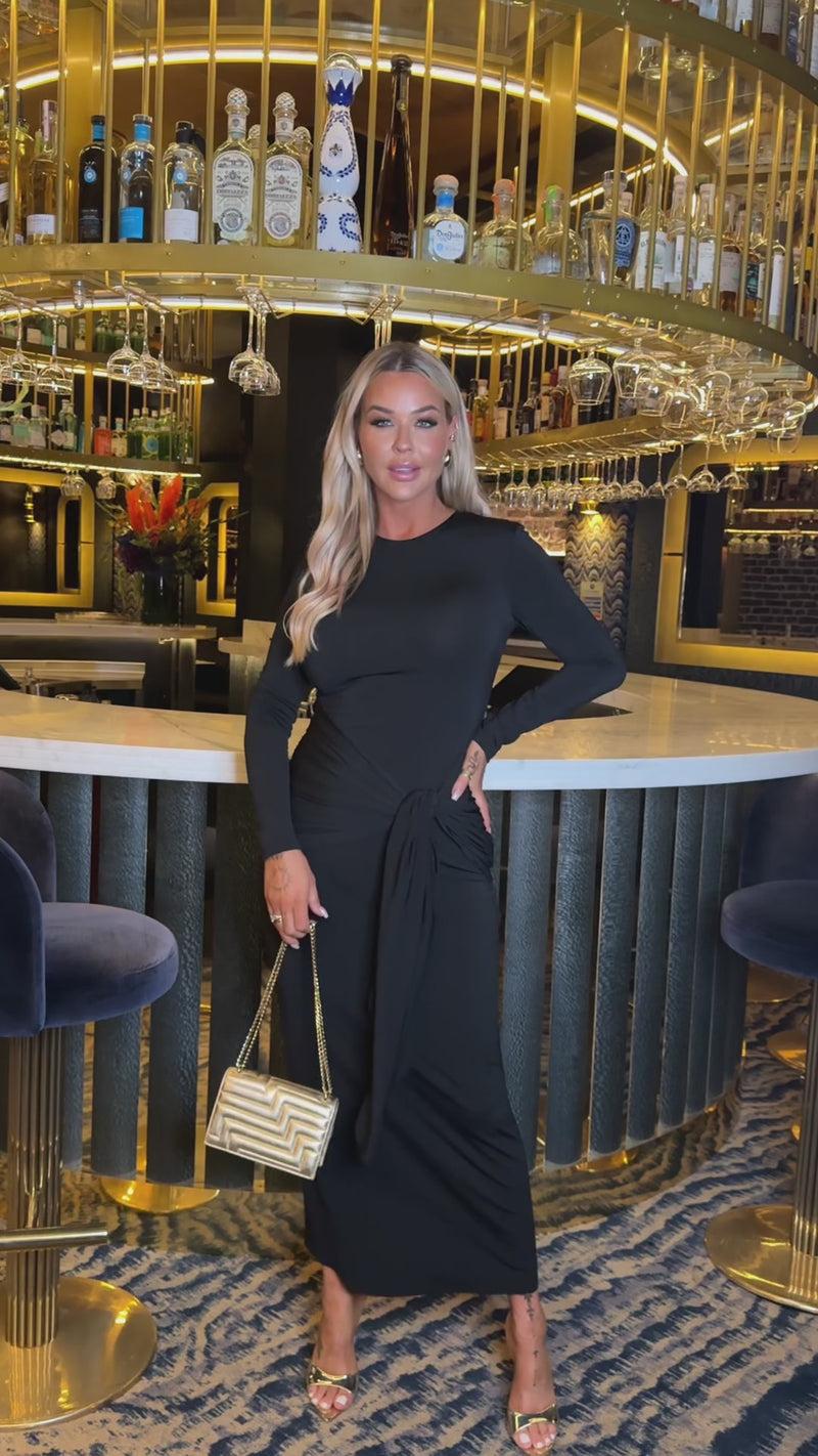 Ax Paris Black Long Sleeve Sash Bodycon Midi Dress