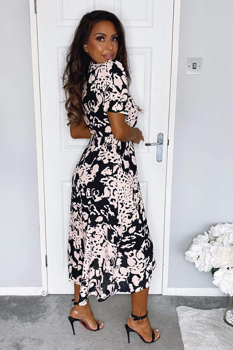 Ax Paris Black Nude Abstract Print Wrap Midi Dress