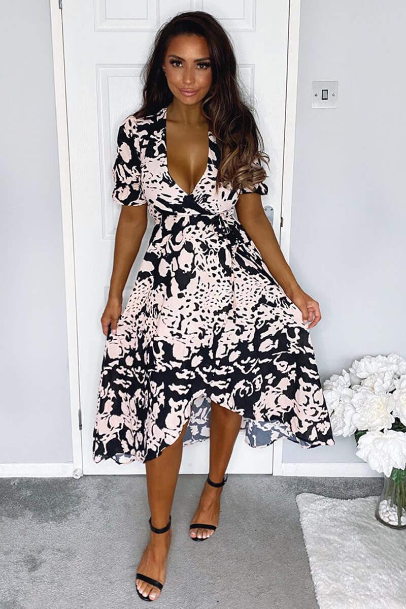 ax paris Black Nude Abstract Print Wrap Midi Dress