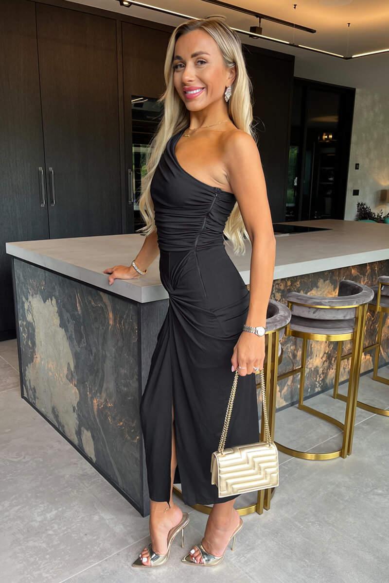 Ax Paris Black One Shoulder Knot Skirt Midi Dress