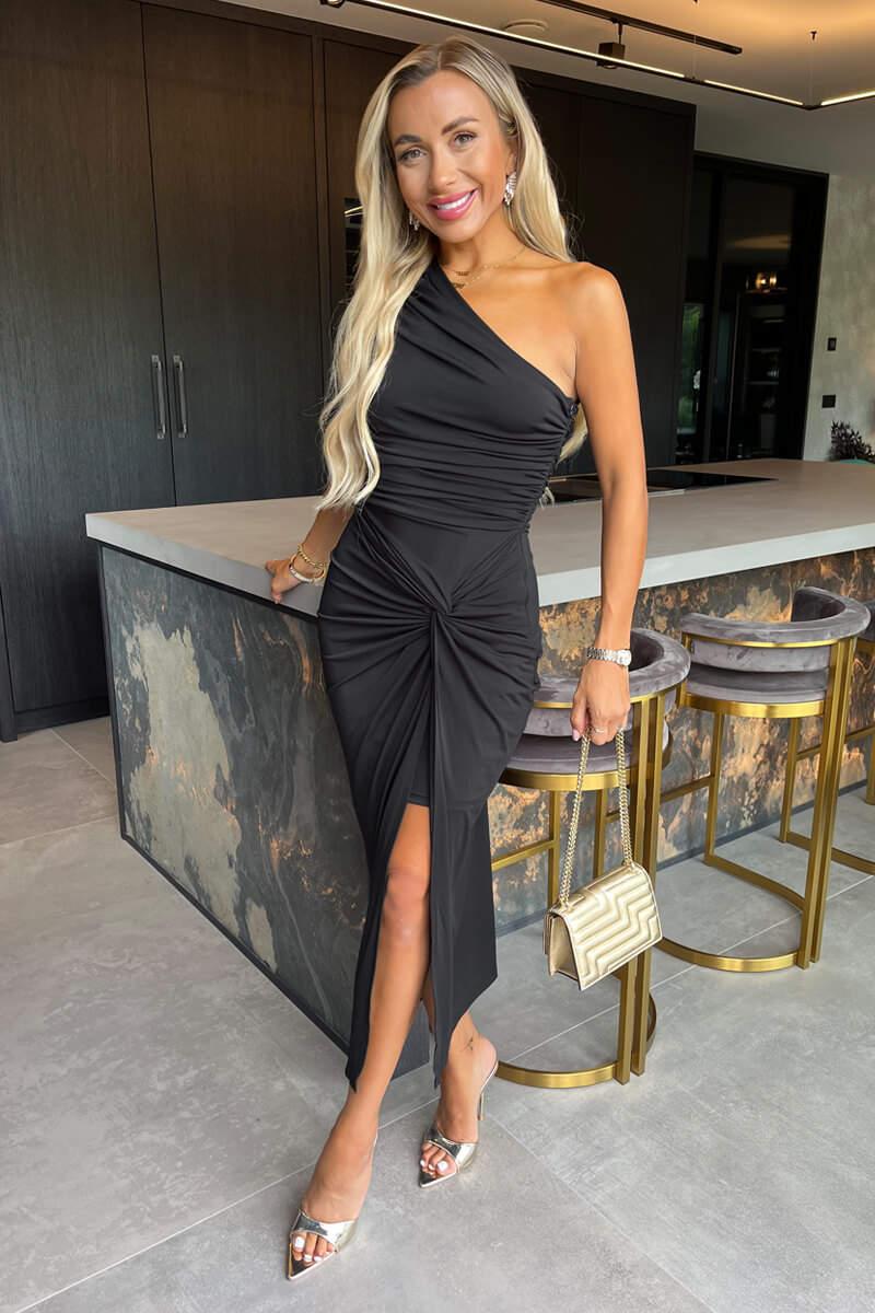 ax paris Black One Shoulder Knot Skirt Midi Dress