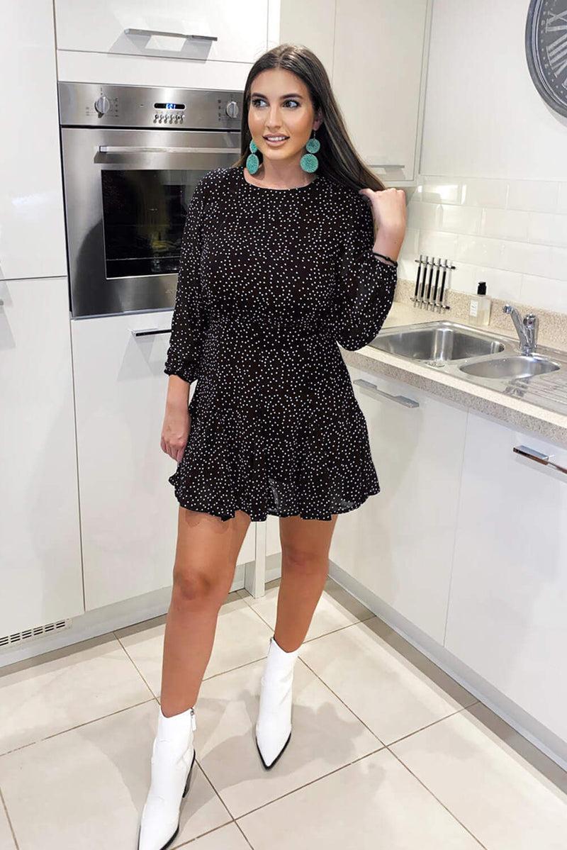 Ax Paris Black Polka Dot Long Sleeve Dress