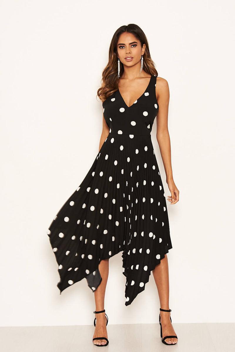Ax Paris Black Polka Dot Sleeveless Pleated Dress