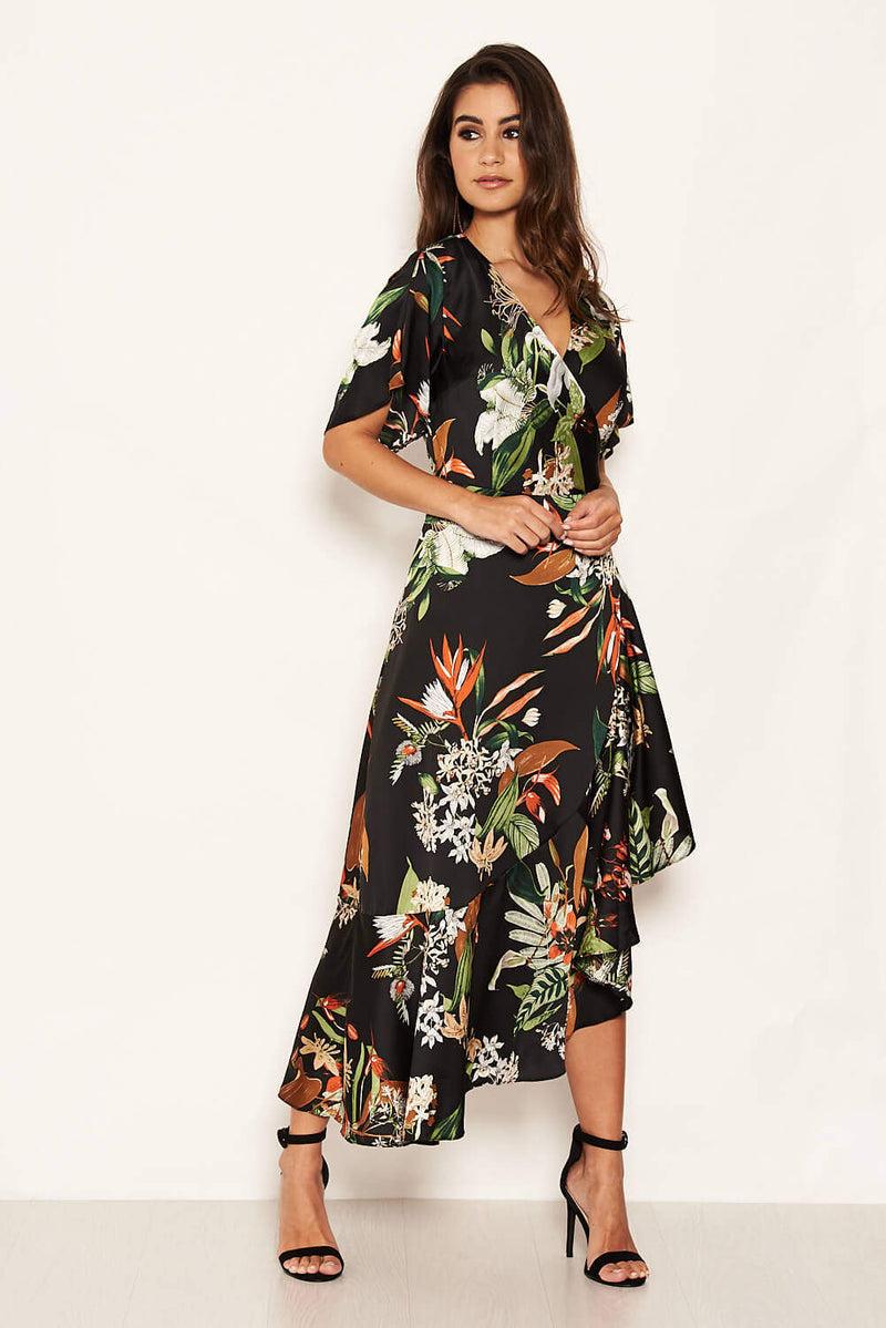 Ax Paris Black Printed Floral Frill Hem Dress