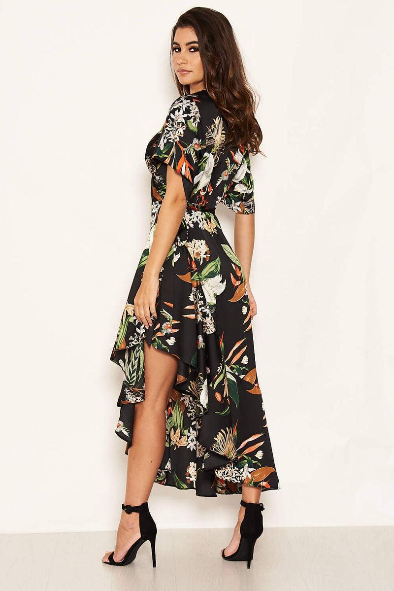 Ax Paris Black Printed Floral Frill Hem Dress