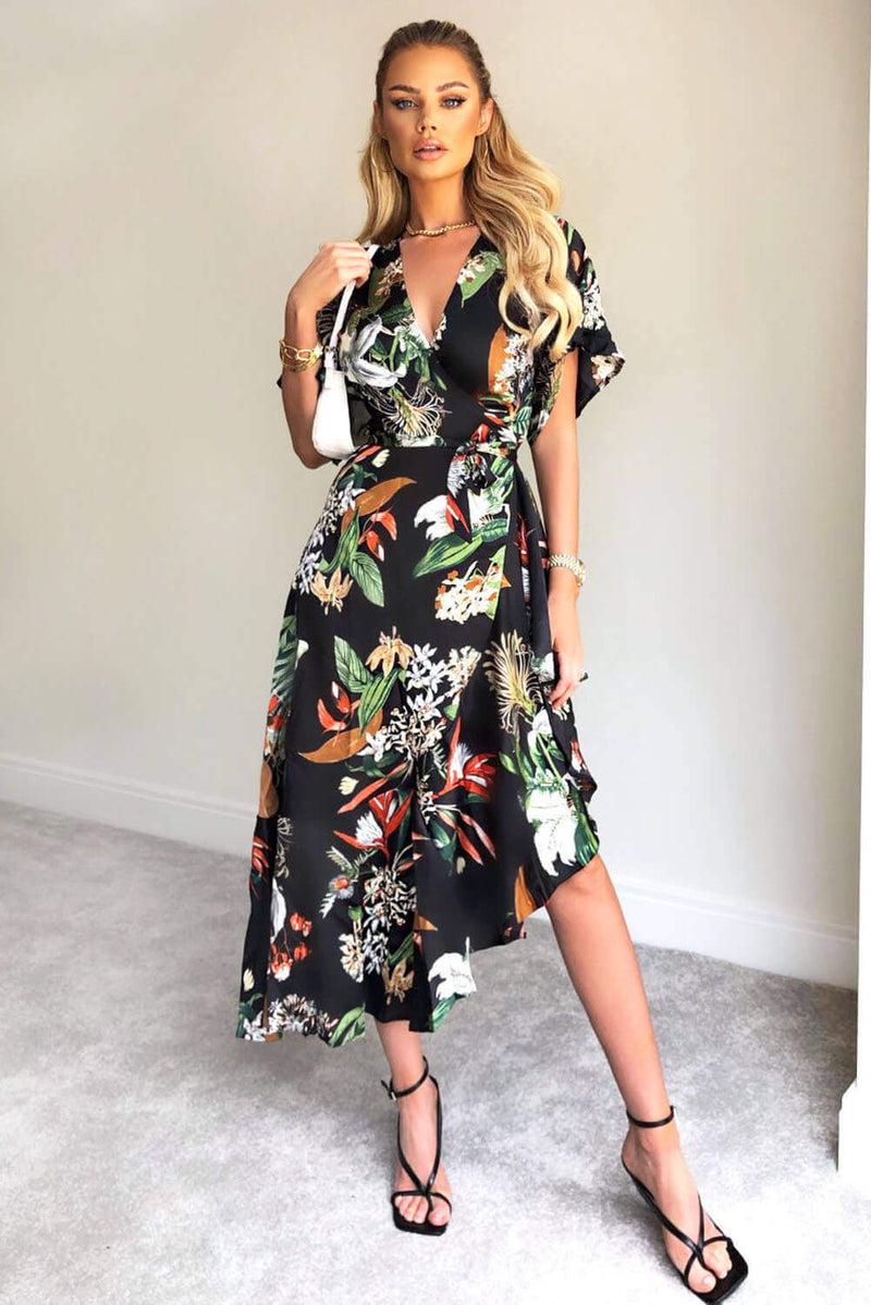 ax paris Black Printed Floral Frill Hem Dress