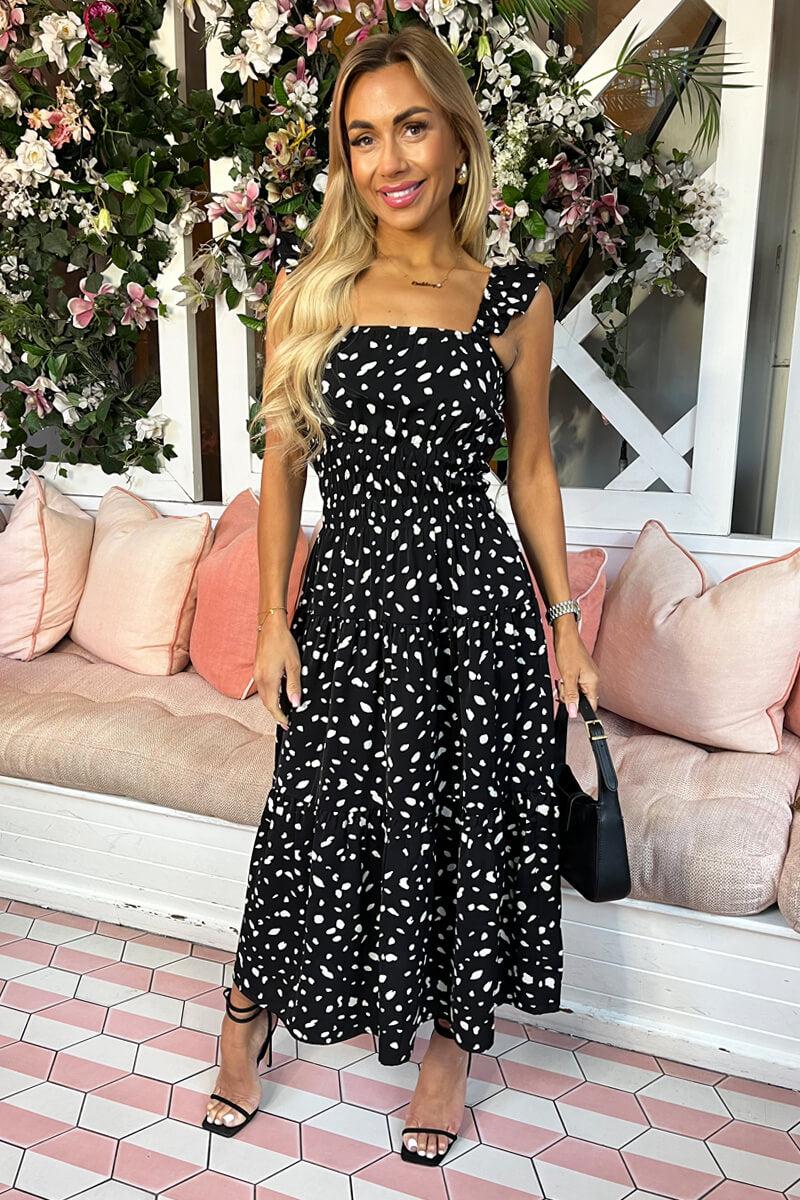 Ax Paris Black Printed Frill Strap Midi Dress