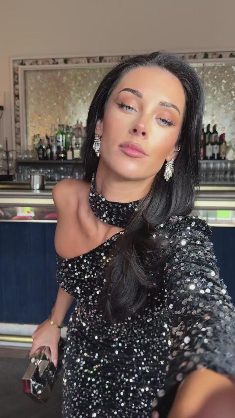 Ax Paris Black Sequin One Sleeve Choker Mini Dress