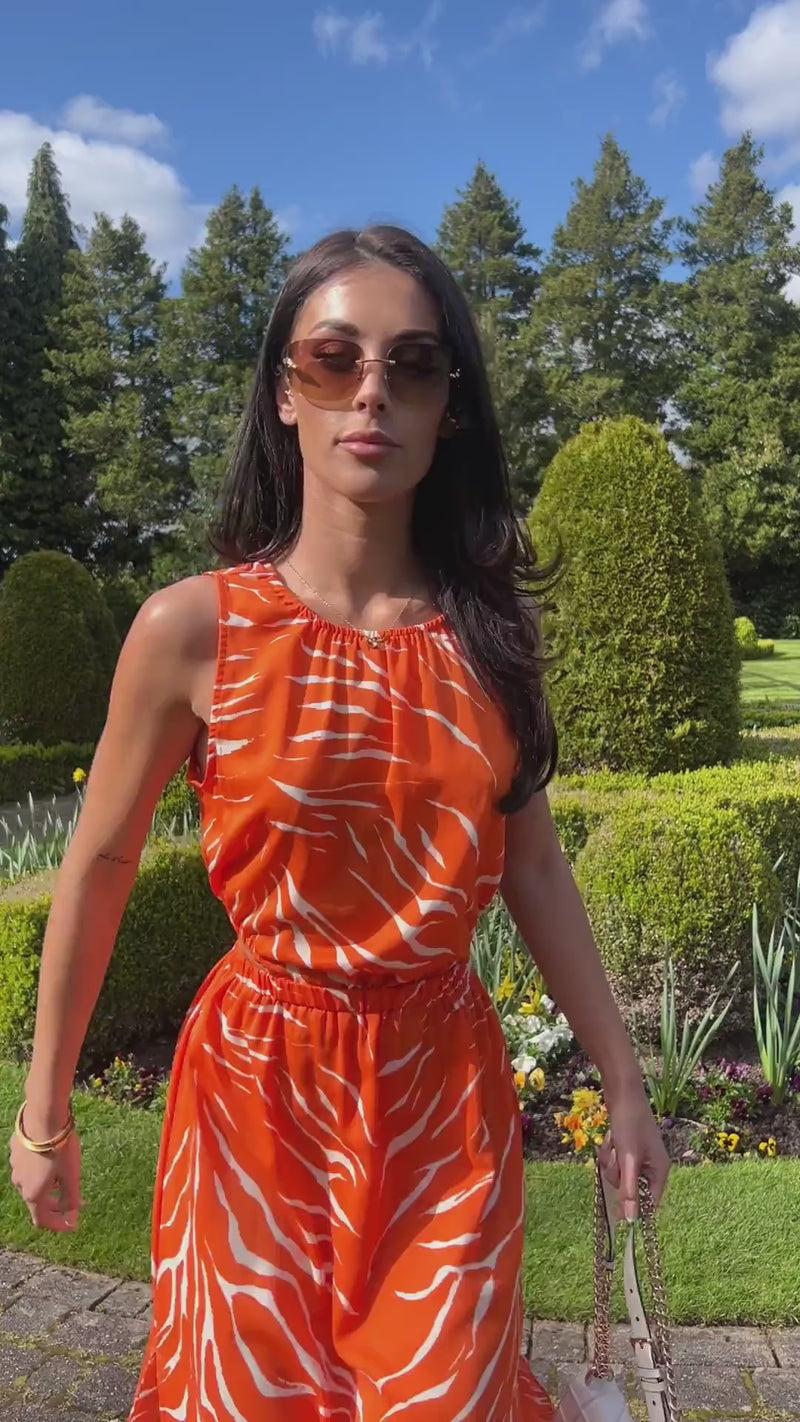 Ax Paris Blood Orange Printed Cut Out Midi Dress