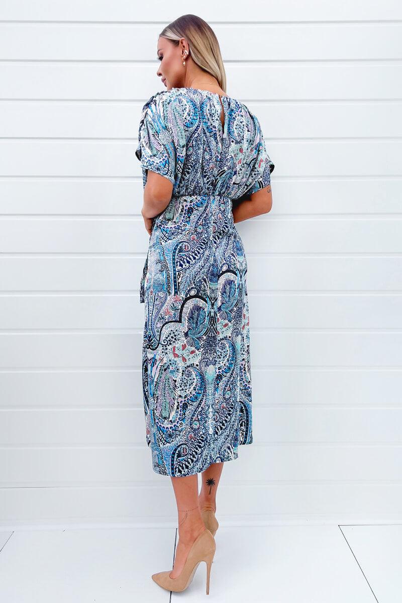 Ax Paris Blue Paisley Printed High Low Midi Dress