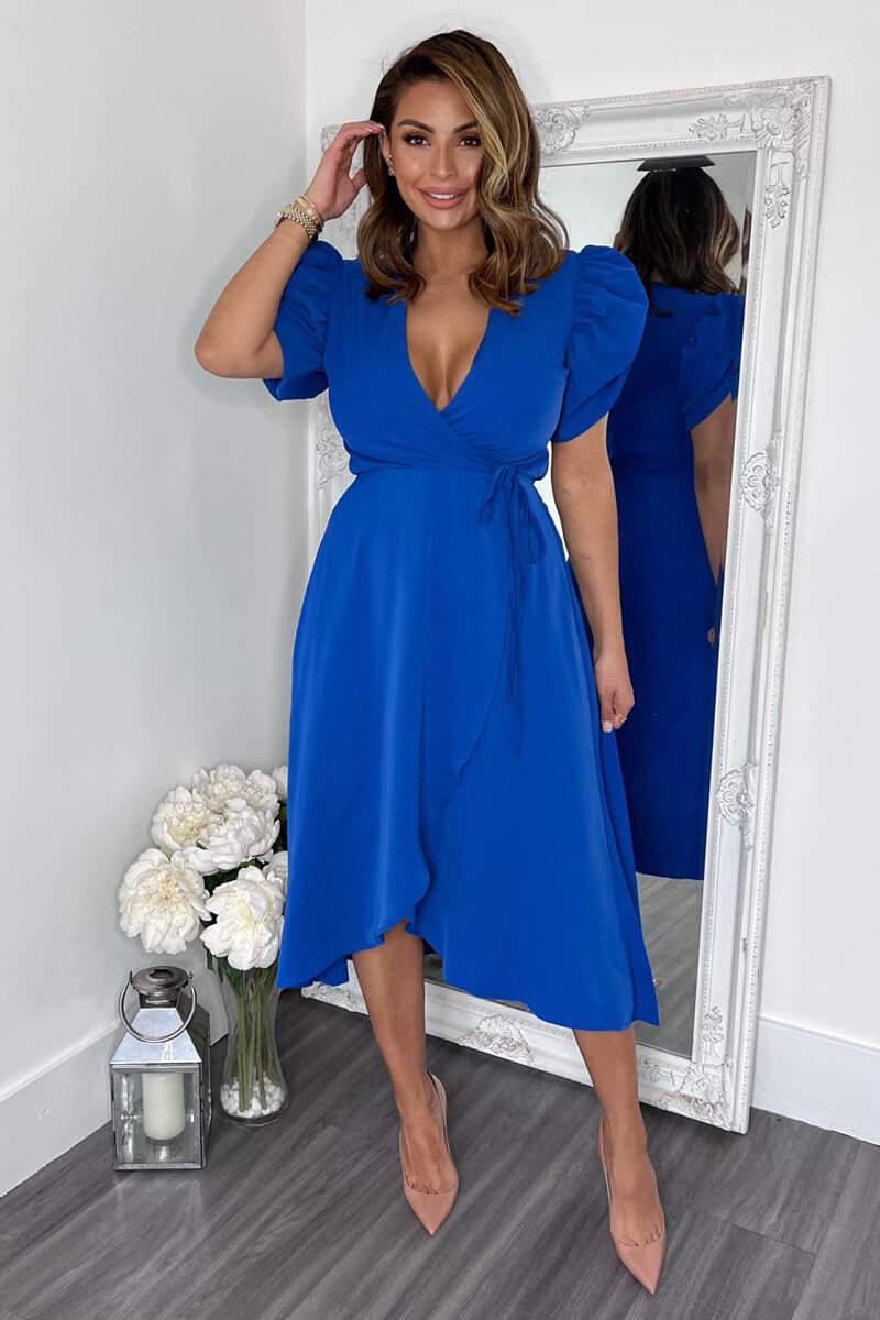 Ax Paris Blue Wrap Over Tie Midi Dress