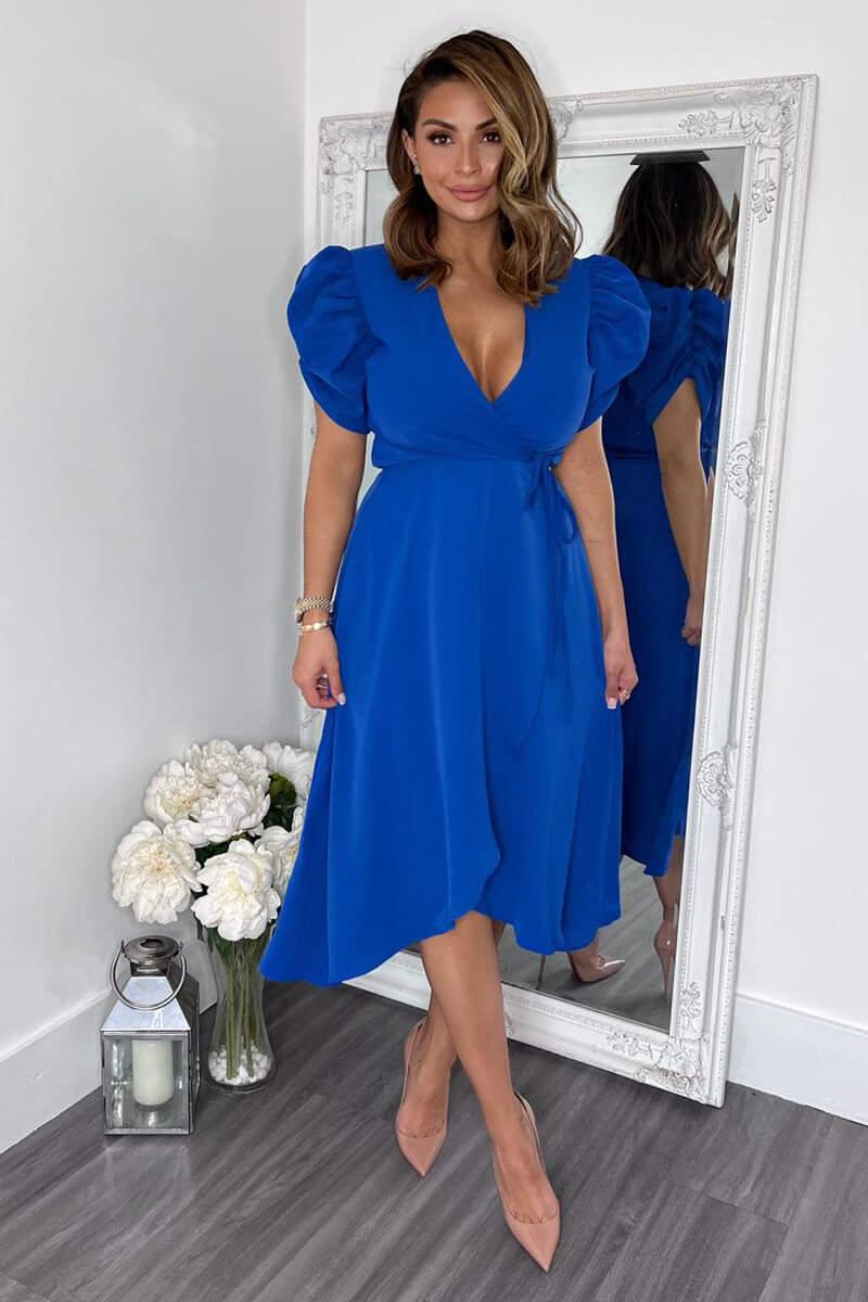 Ax Paris Blue Wrap Over Tie Midi Dress