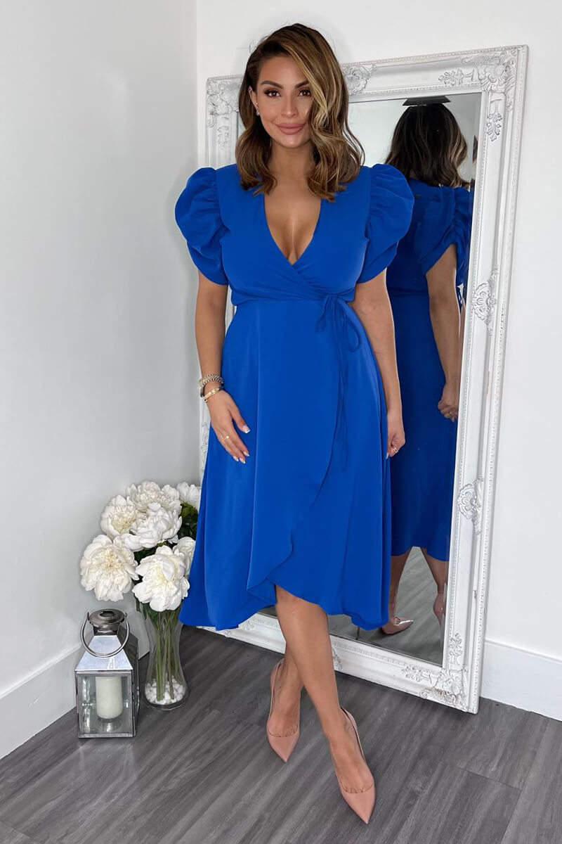 Ax Paris Blue Wrap Over Tie Midi Dress