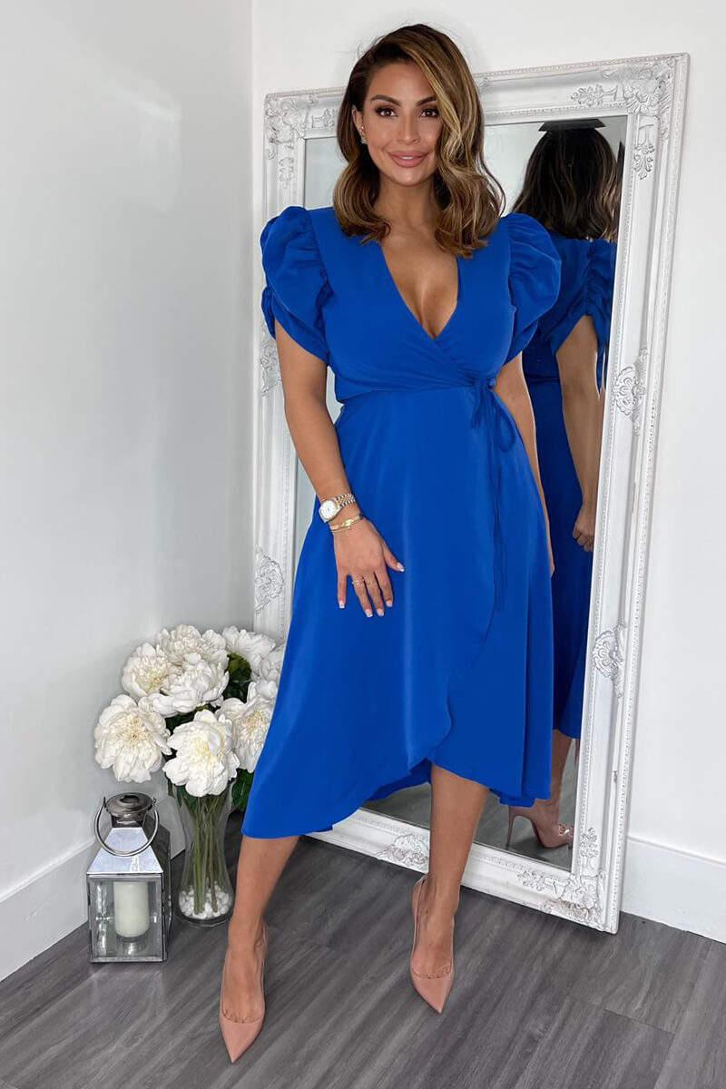 ax paris Blue Wrap Over Tie Midi Dress
