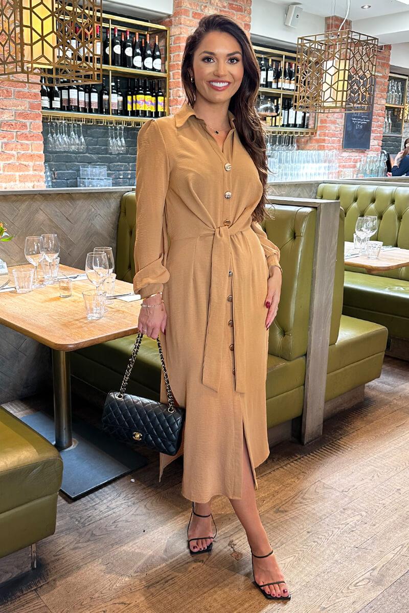 Ax Paris Camel Button Front Tie Shirt Midi Dress