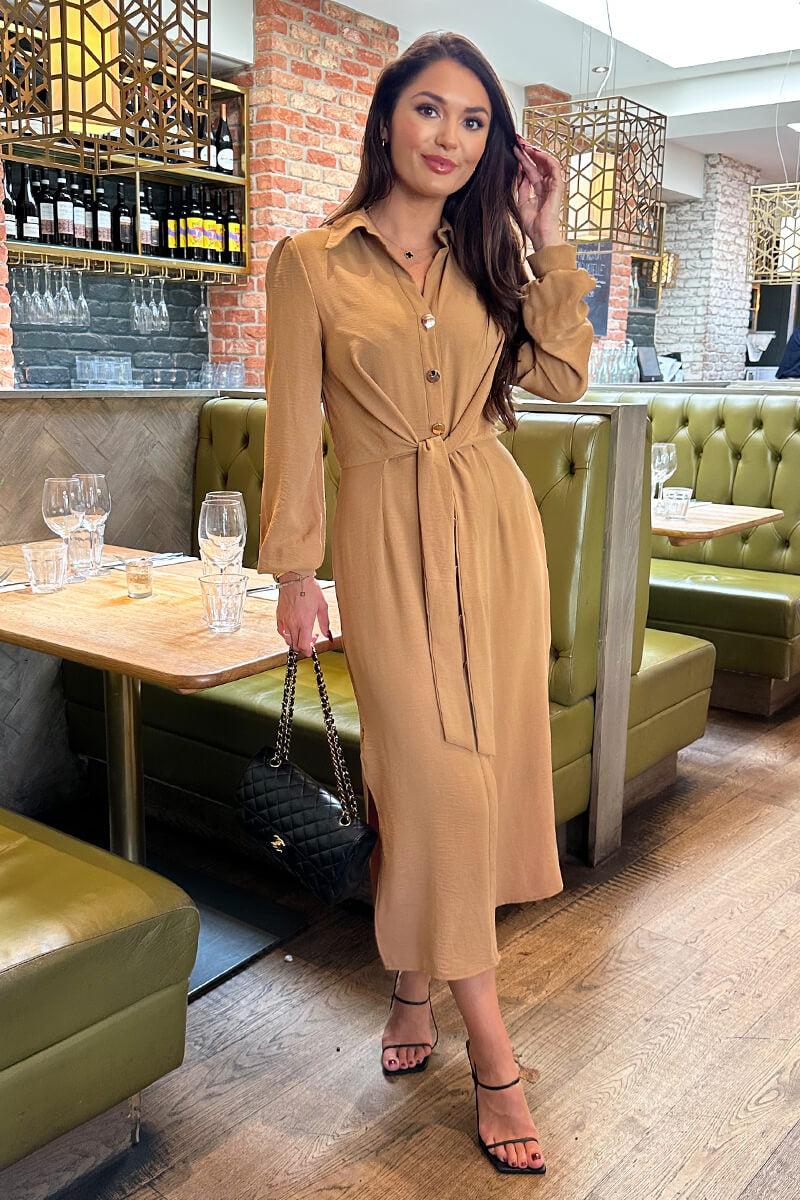 Ax Paris Camel Button Front Tie Shirt Midi Dress