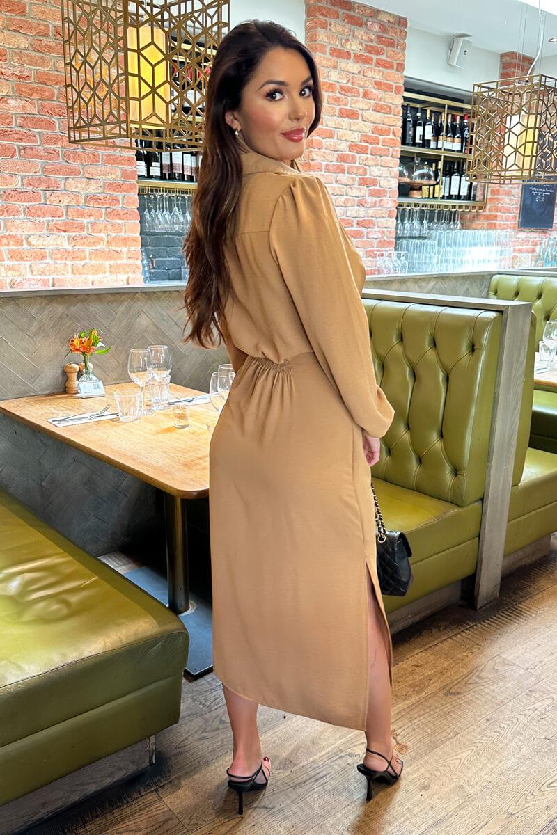 Ax Paris Camel Button Front Tie Shirt Midi Dress