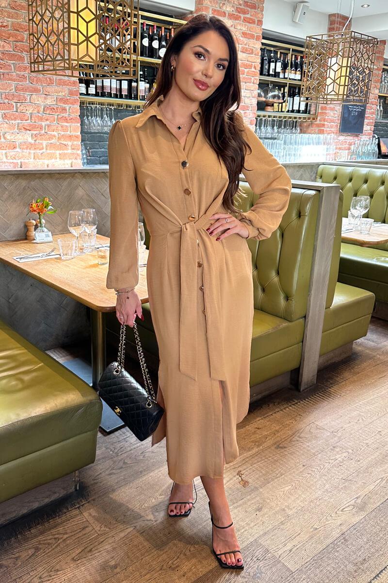 ax paris Camel Button Front Tie Shirt Midi Dress