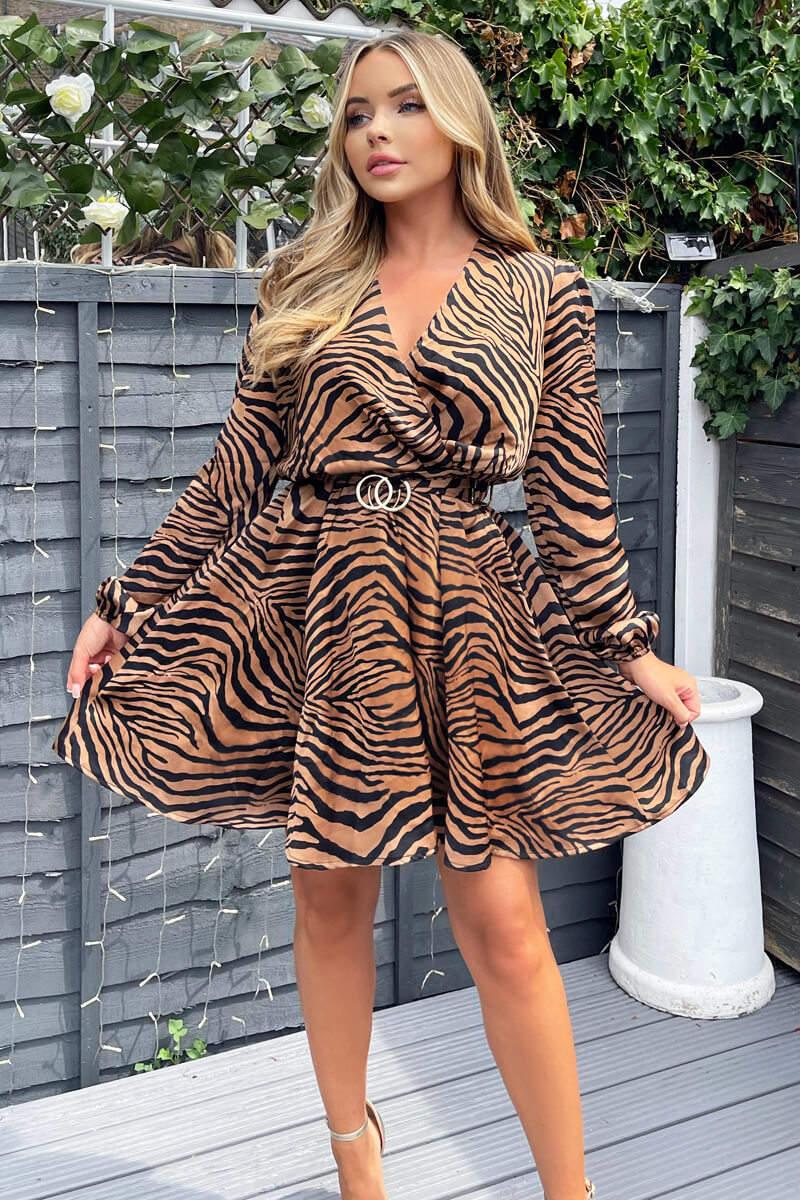 Ax Paris Camel Zebra Print Wrap Skater Dress