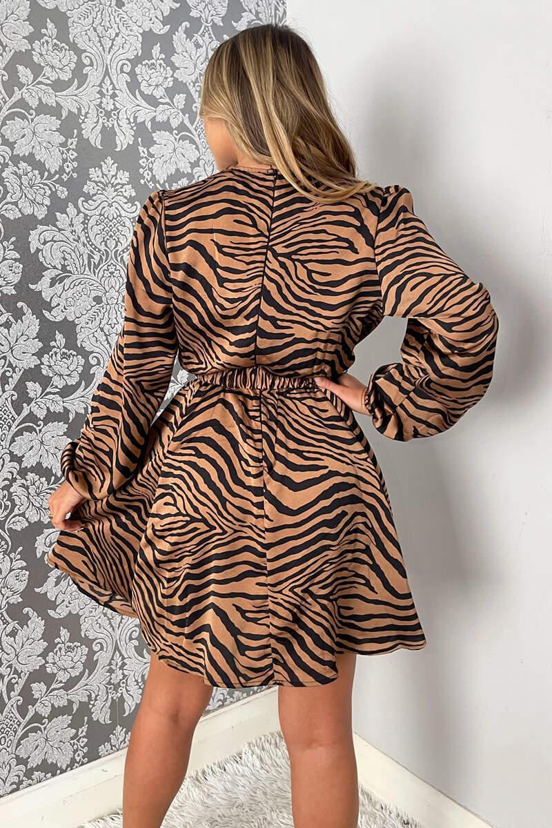 Ax Paris Camel Zebra Print Wrap Skater Dress