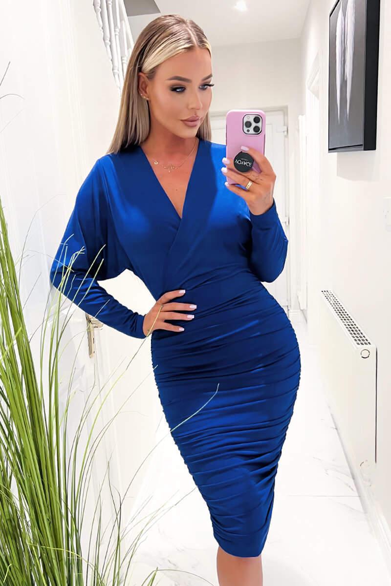 ax paris Cobalt Blue Ruched Wrap Top Midi Dress