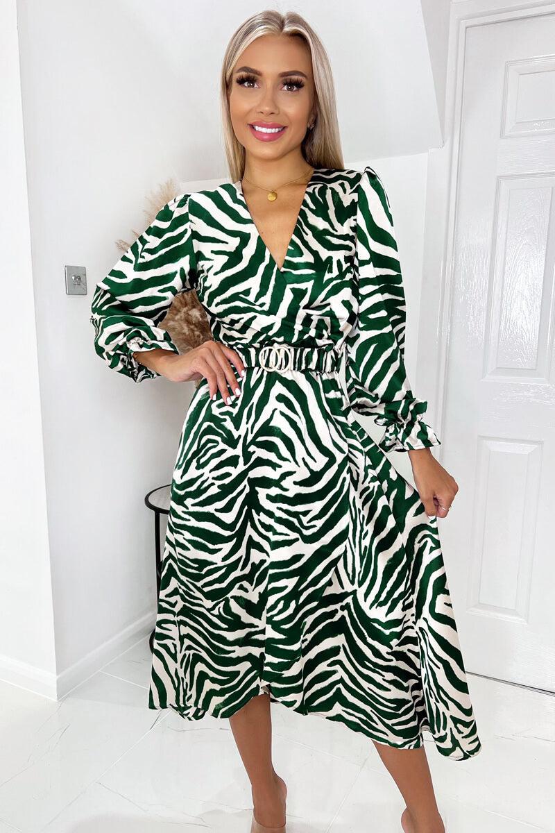 Ax Paris Green Animal Printed Belted Midi Dress