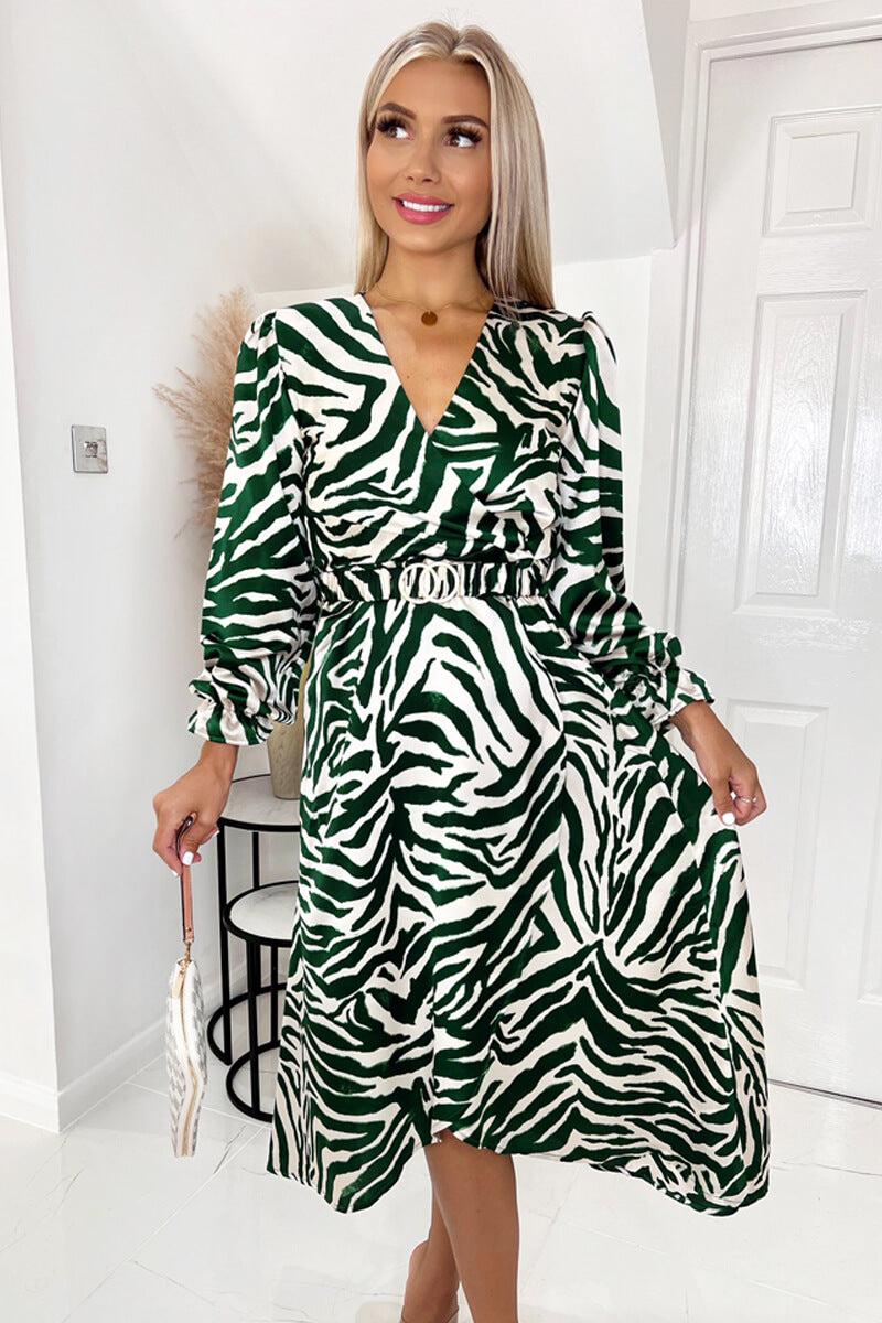 Ax Paris Green Animal Printed Belted Midi Dress