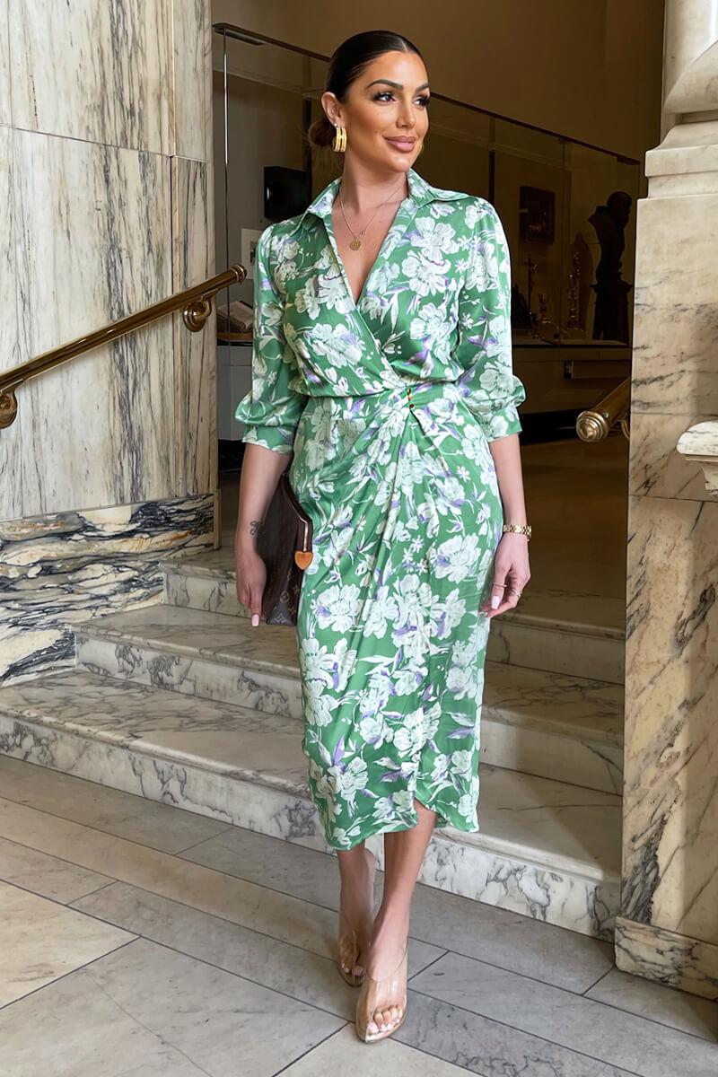 Ax Paris Green Floral Wrap Shirt Midi Dress