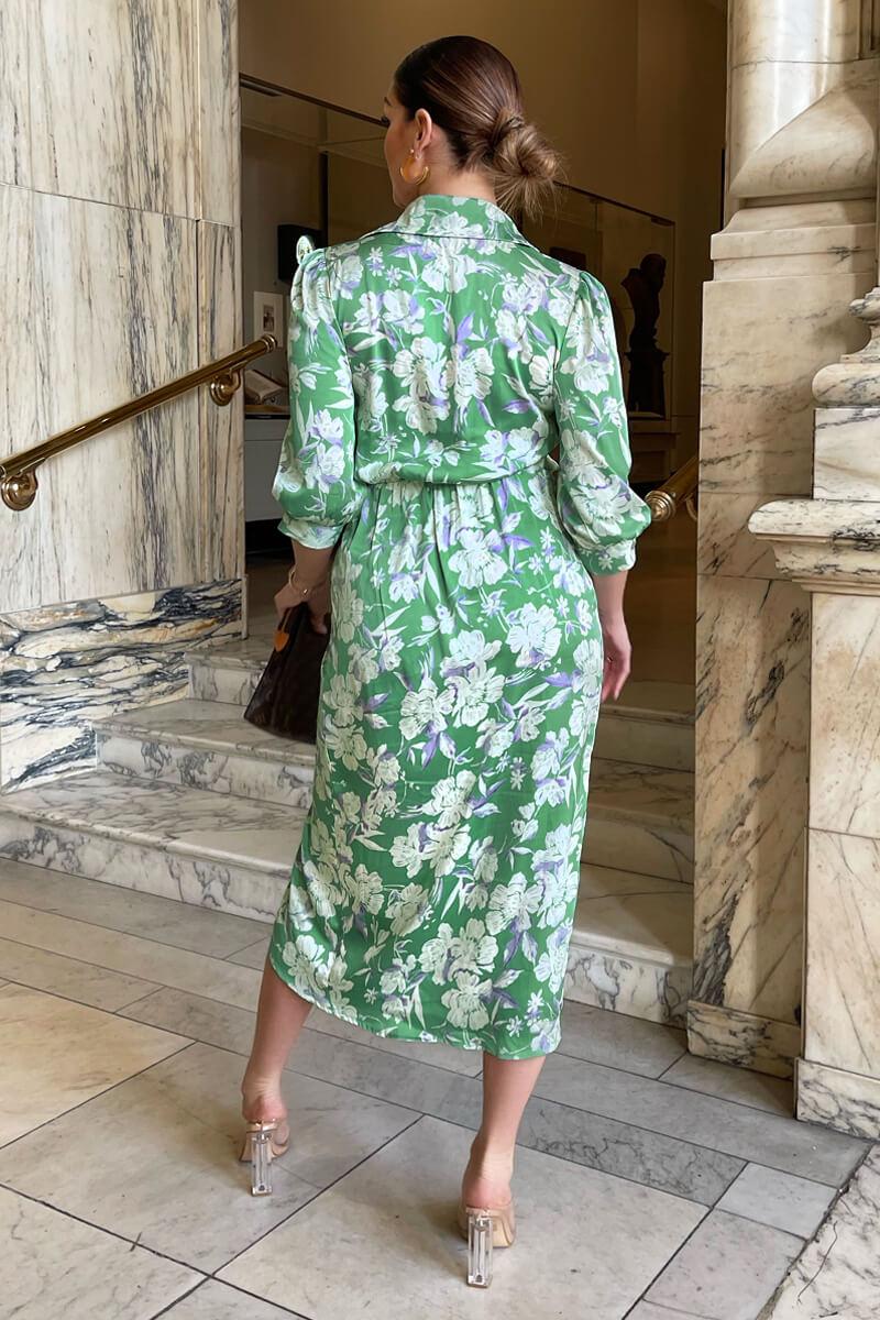 Ax Paris Green Floral Wrap Shirt Midi Dress