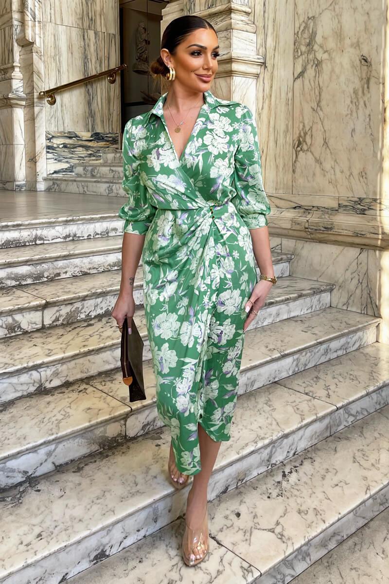 ax paris Green Floral Wrap Shirt Midi Dress