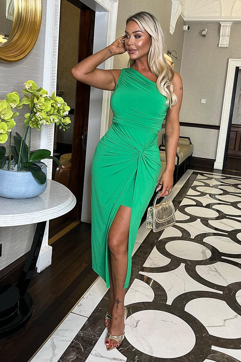 Ax Paris Green One Shoulder Knot Skirt Midi Dress