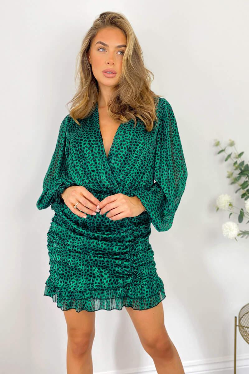 Ax Paris Green Ruched Long Sleeve Mini Dress