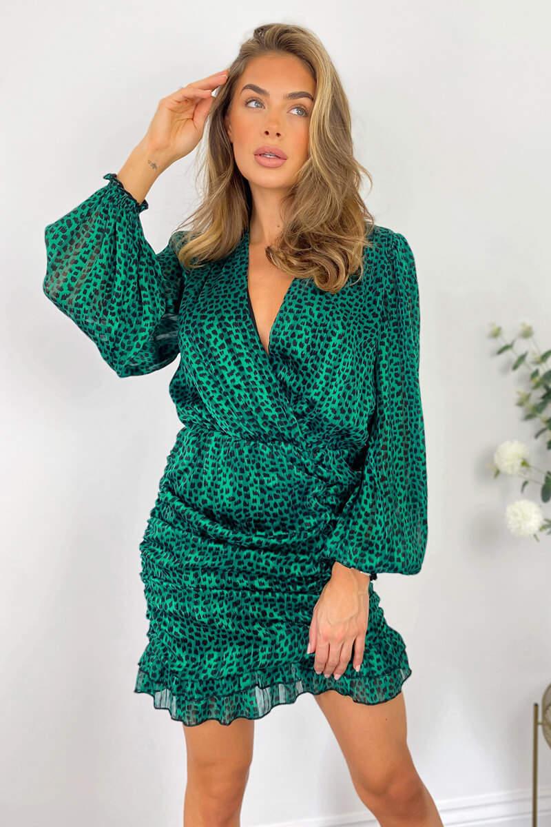 Ax Paris Green Ruched Long Sleeve Mini Dress
