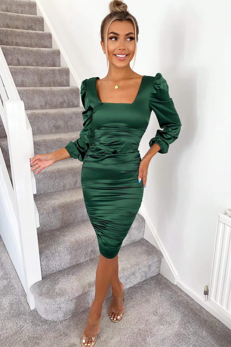 Ax Paris Green Satin Square Neck Ruched Dress